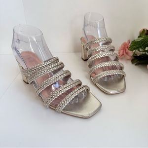 TED BAKER LONDON Emalia Gold Leather Braided Straps Slide Block Heel Sandals
